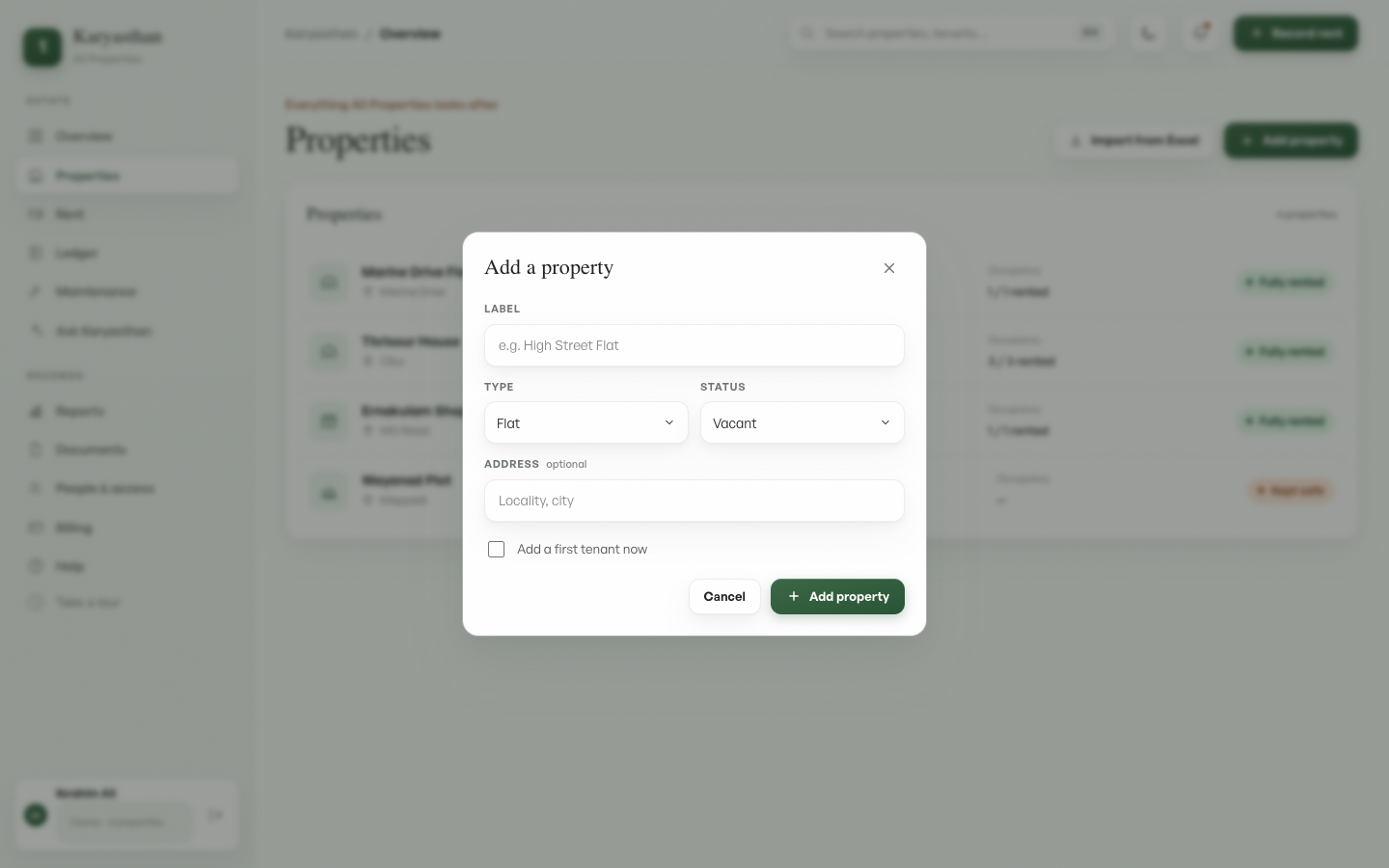 The Add property modal
