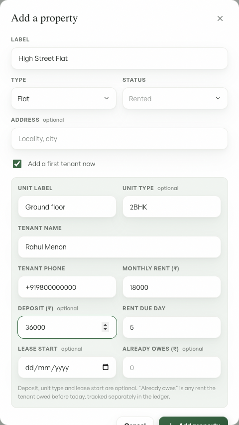 The Add property modal with the tenant fields filled in