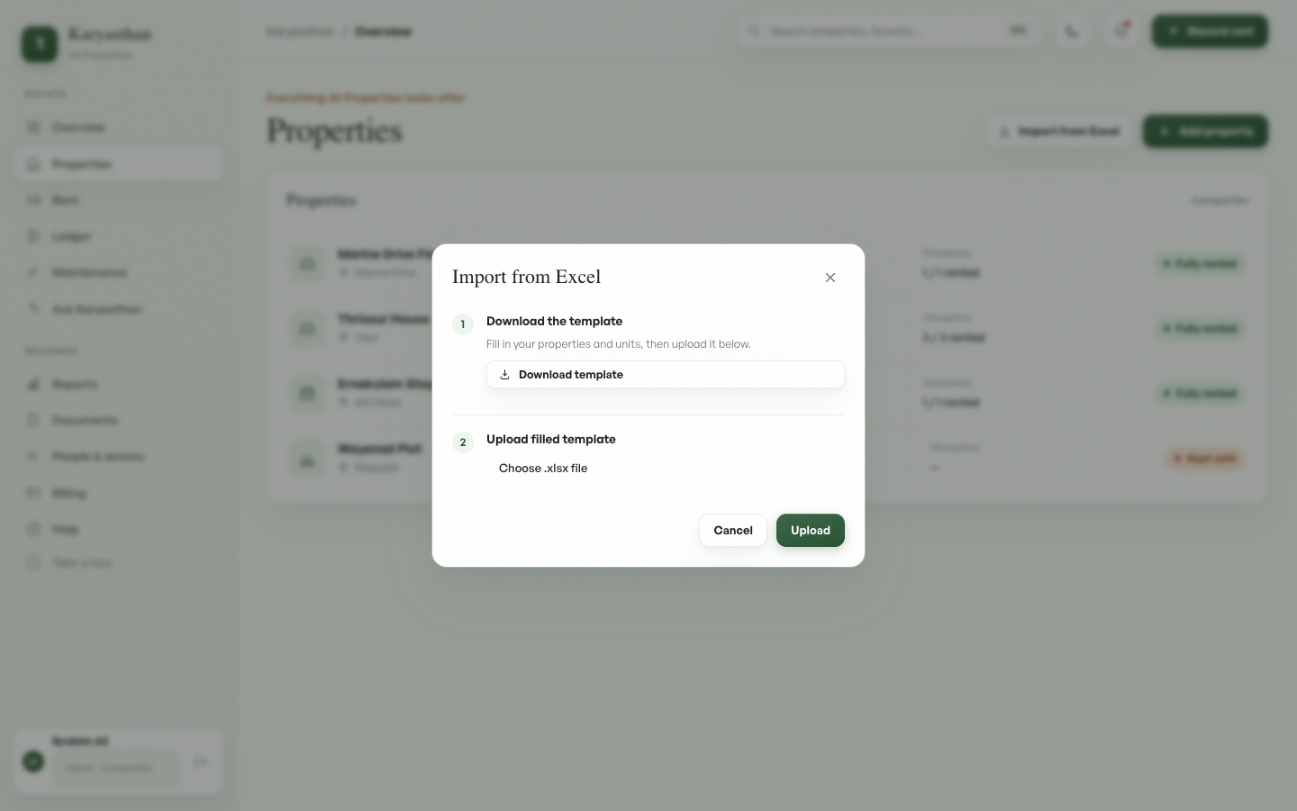 The Import from Excel dialog