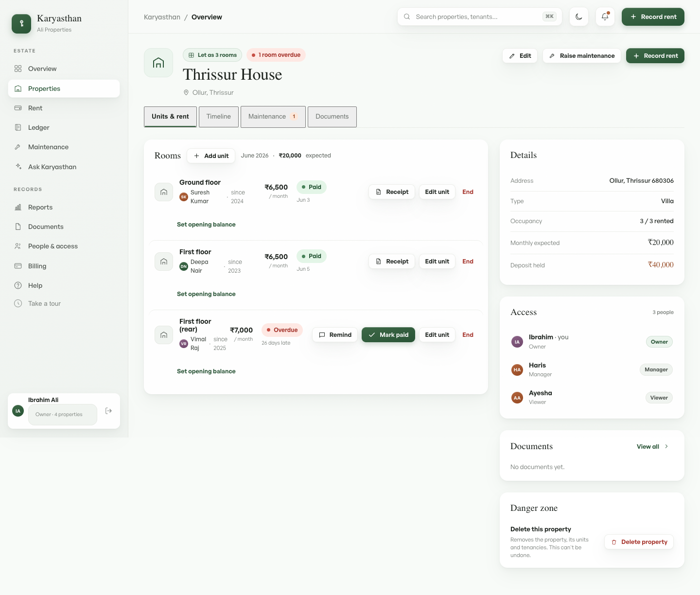 A property detail page with three rooms
